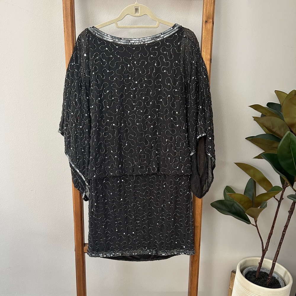 J Kara Mini Charcoal Blouson Dress with Wide Sleeves, Sequin Trim and Beading